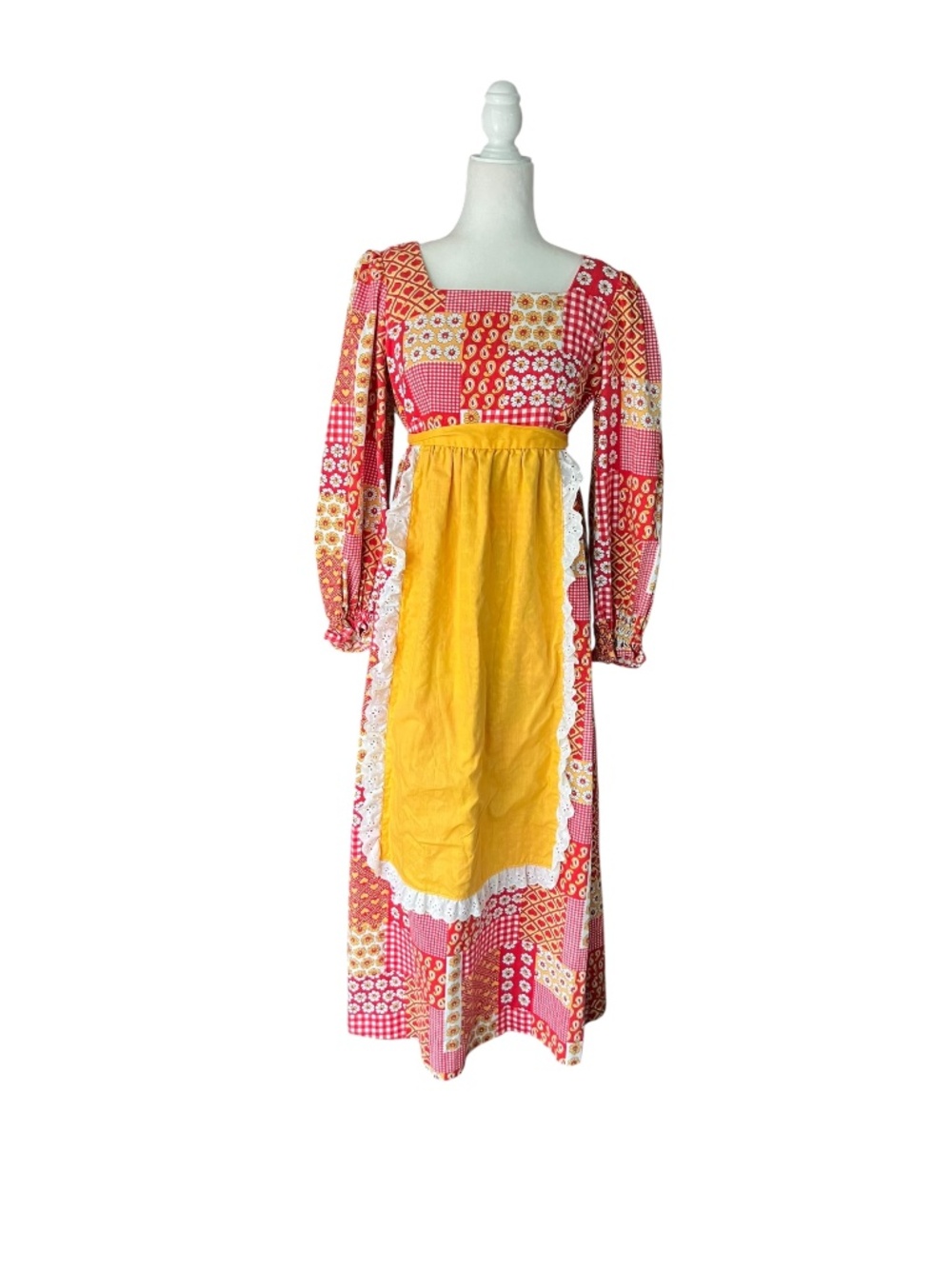 Vintage 70's Handmade Yellow & Red Patchwork Dress